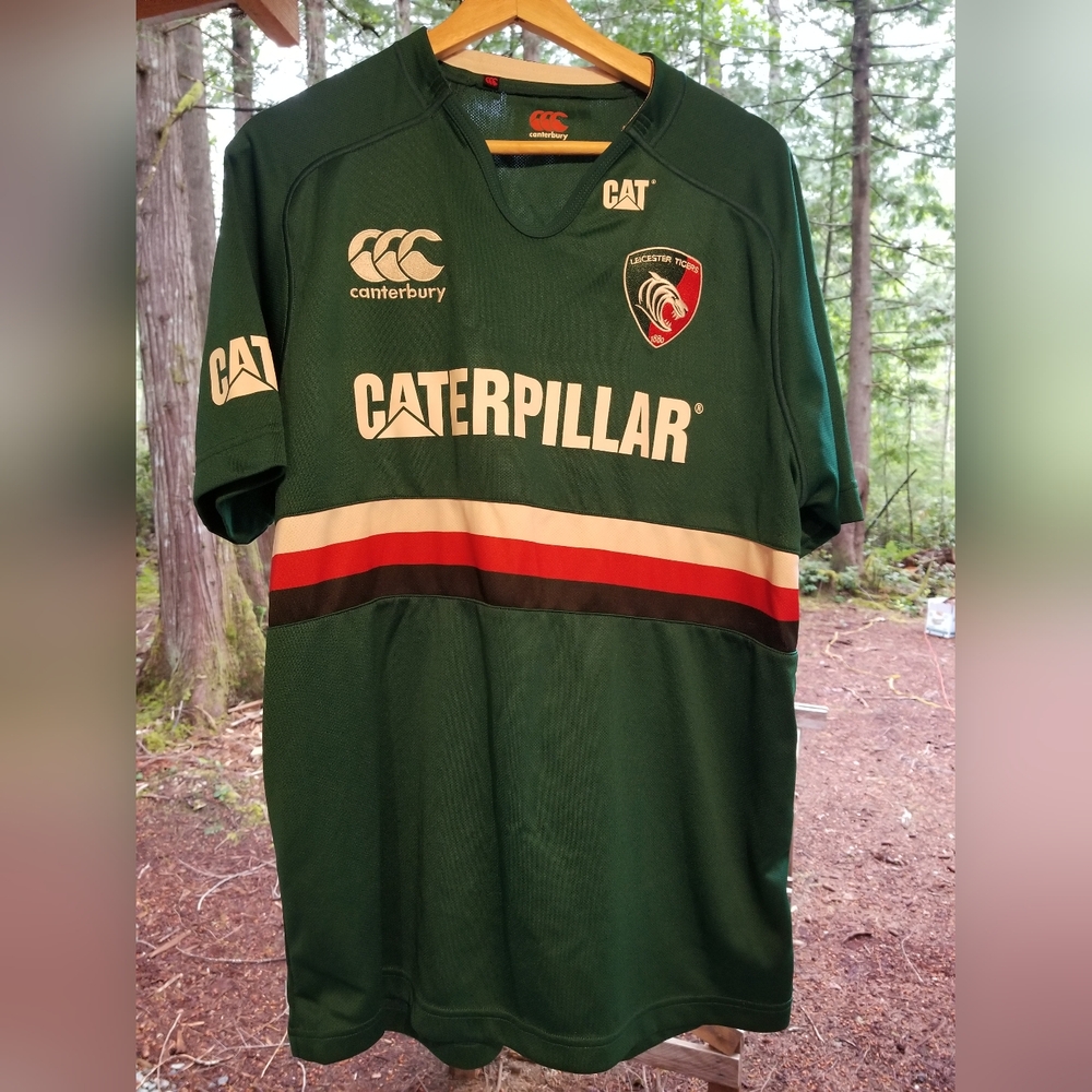 Canterbury Leicester Tigers Rugby Sport Jersey T Shirt XL Green Cat Caterpillar